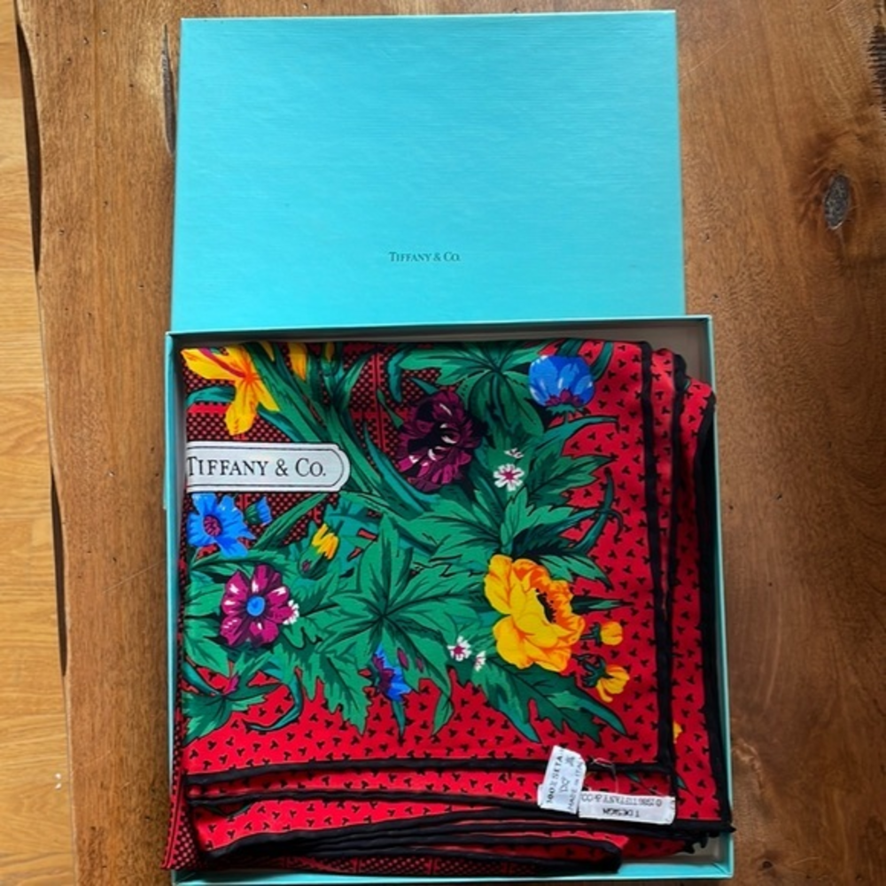 Tiffany & Co Vintage Silk Scarf Large Square Red Floral Border Italy W Box